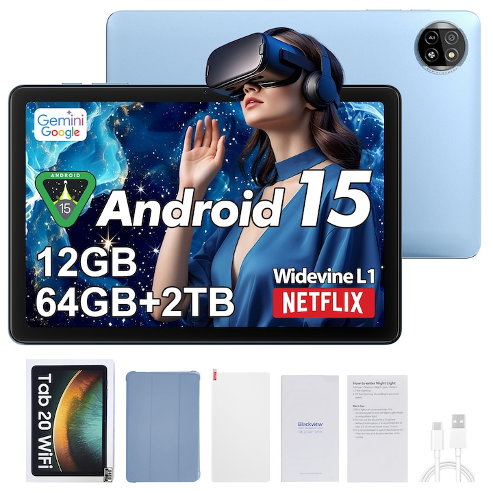 Tableta Blackview TAB 20 WIFI, 10.1"HD+IPS Ecran, Gemini Al 2.0, Android 15, 12GB+64GB(TF 2TB), 5G WIFI, Octa-Core, 6600mAh, 8+5MP/BT 5.0/GPS, Albastru