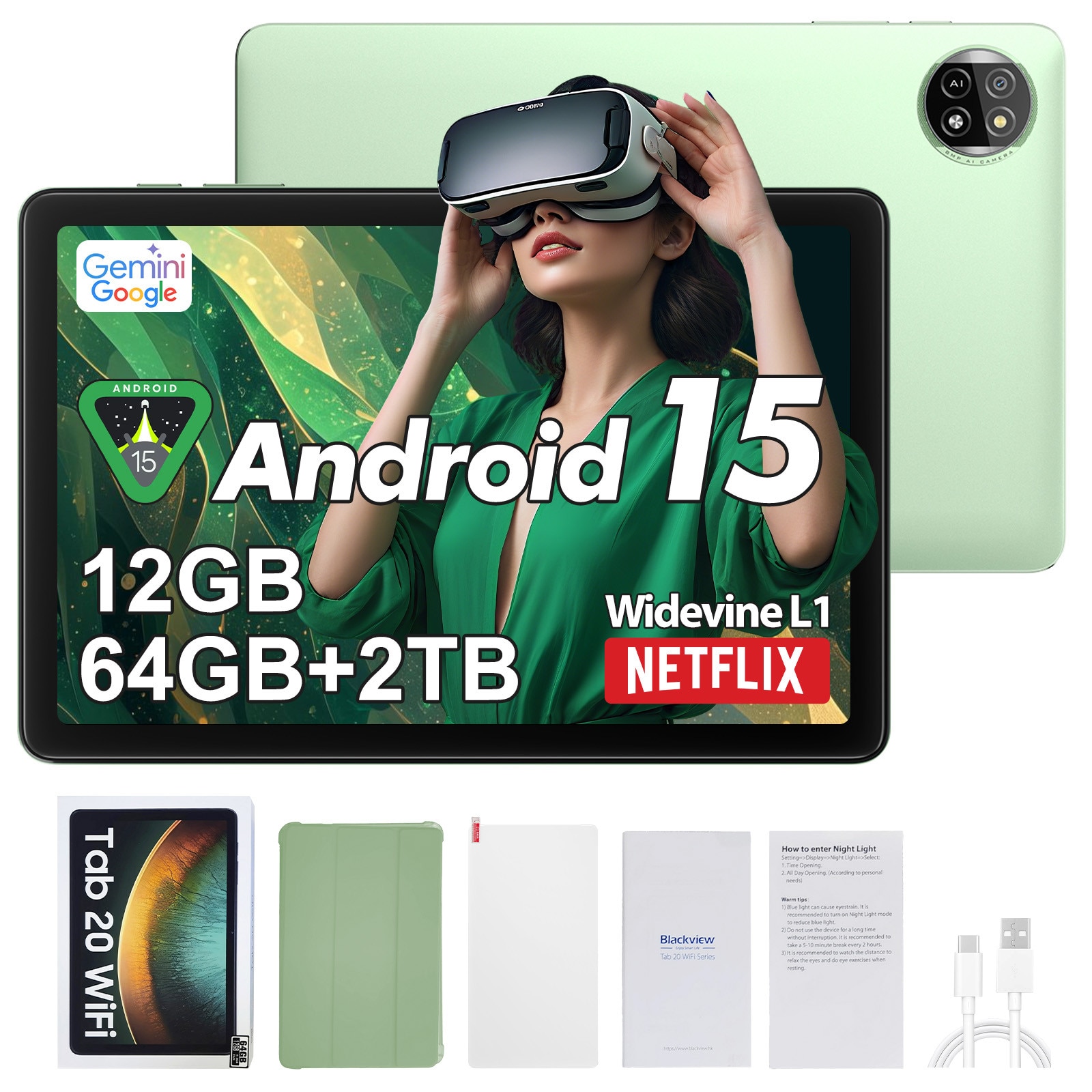Tableta Blackview TAB 20 WIFI, 10.1"HD+IPS Ecran, Gemini Al 2.0, Android 15, 12GB+64GB(TF 2TB), 5G WIFI, Octa-Core, 6600mAh, 8+5MP/BT 5.0/GPS, Verde