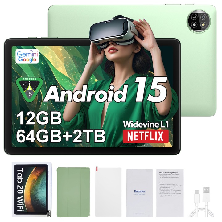 Tableta Blackview TAB 20 WIFI, 10.1"HD+IPS Ecran, Gemini Al 2.0, Android 15, 12GB+64GB(TF 2TB), 5G WIFI, Octa-Core, 6600mAh, 8+5MP/BT 5.0/GPS, Verde