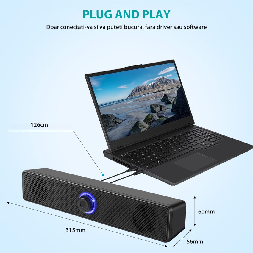 Difuzor PC cu alimentare USB, Chucai, sunet stereo, design slim, negru