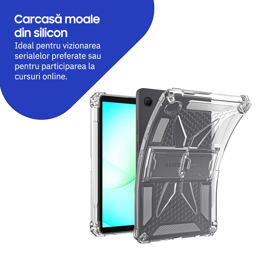 Husa de protectie Telefonultau, pentru Samsung Galaxy Tab A11, silicon transparent antishock, suport integrat, 8.7 inch