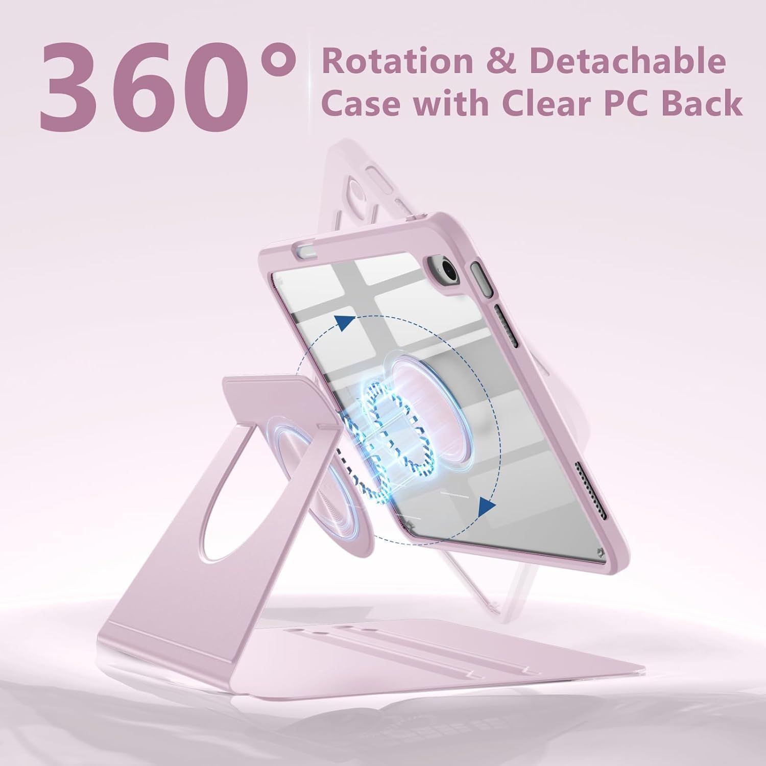 Husa 360 Smart Cover compatibila cu iPad Air 11" 2024/ 2025 M2, M3, Spate detasabil, Pencil Slot Rebound, Wake-Sleep, Camera Protection, Roz/Transparent