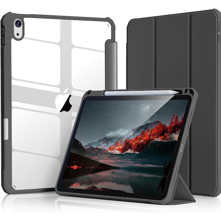 Husa Tech-Protect Smartcase Pen compatibila cu iPad 10.9 inch, suport creion, spate translucid mat, negru, pentru iPad 10th, 2022, Negru