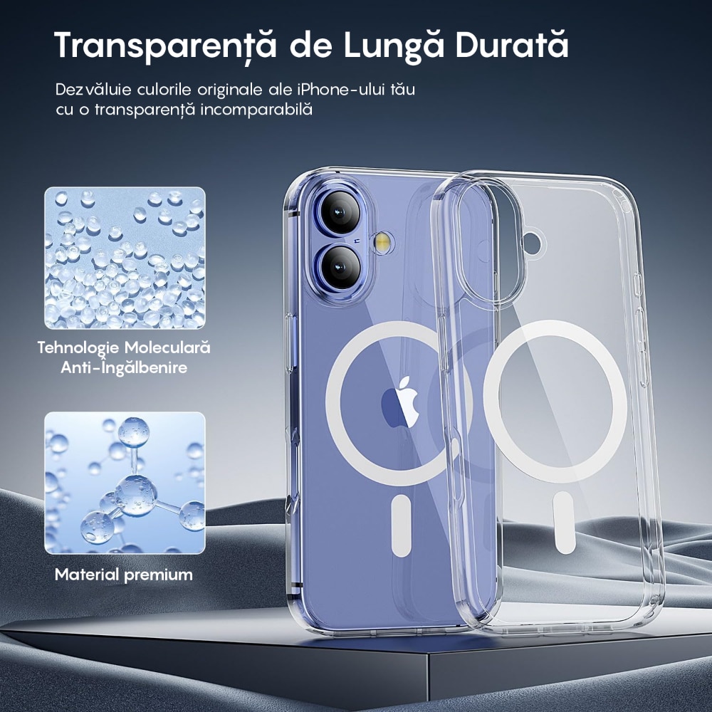 Husa compatibila cu Incarcare Magsafe pentru pentru Apple iPhone 16, CASEY STUDIOS™, Transparent, de Protectie, Slim, pentru Incarcare Wireless, Margini Ridicate pentru Protectia Ecranului si a Camerelor