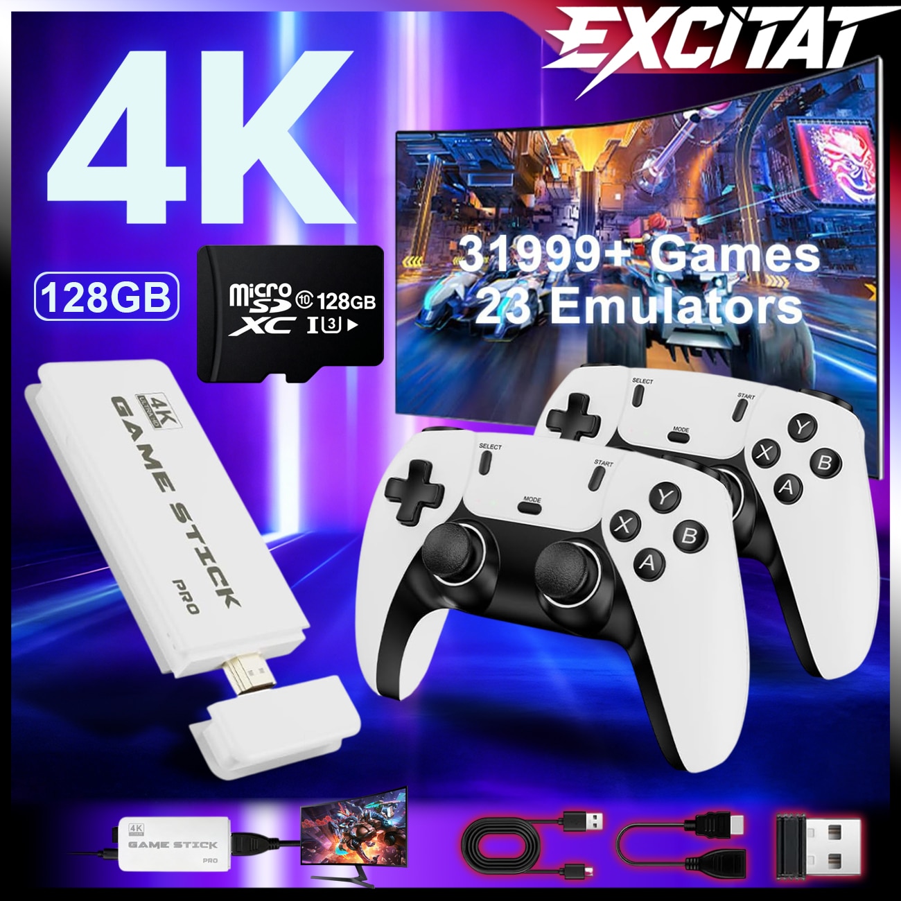 Consola jocuri tip stick, Excitat®, PRO 4K, 2 jucatori, 2 controlere wireless 2.4G, 128GB, 31.999 jocuri integrate, HDMI HD, Plug & Play, Compatibil TV/Monitor/Proiector, Alb