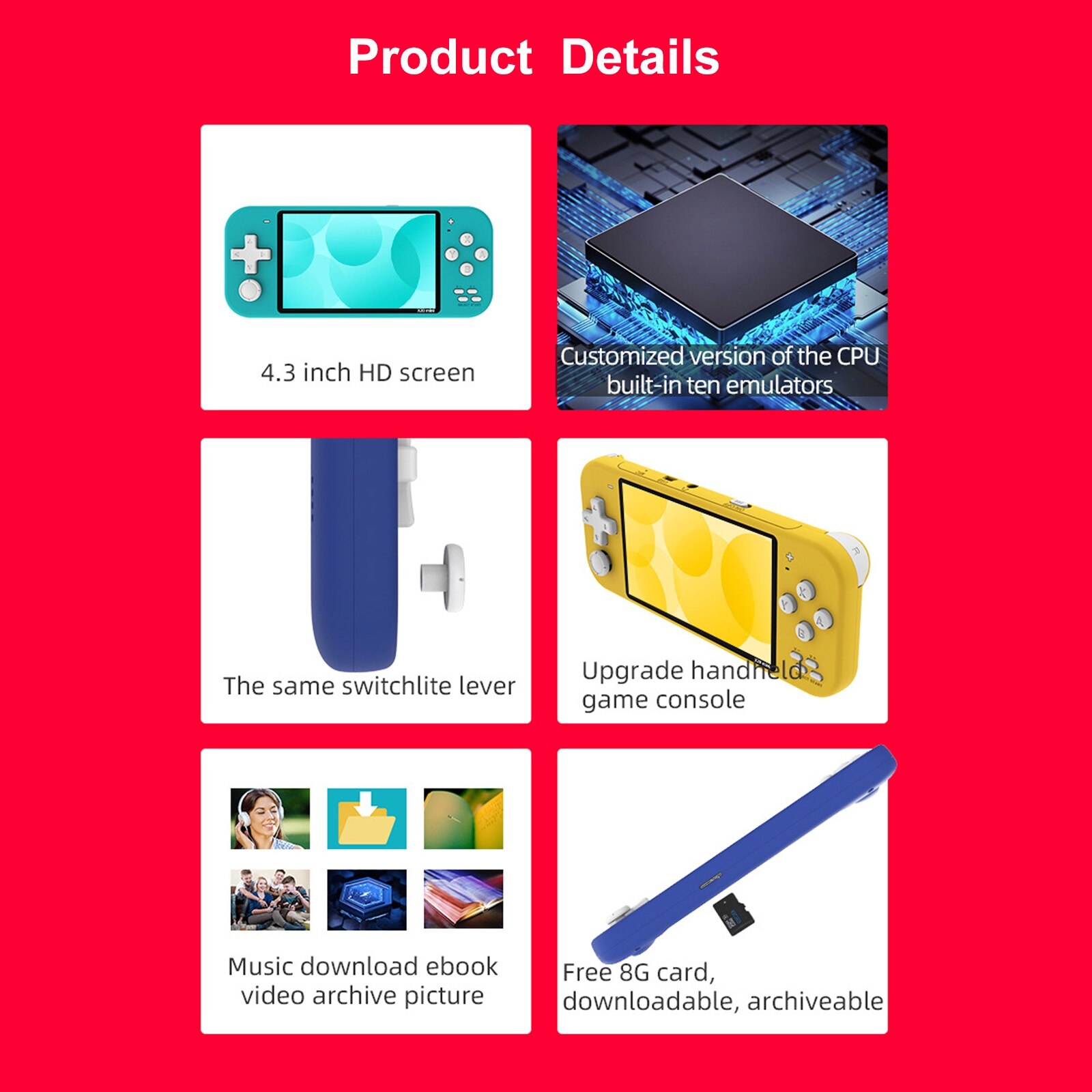Consola portabila jocuri, NUODWELL, Cu casti audio, Ecran 4.3 inch, Redare muzica/video/e-book, Peste 6000 de jocuri instalate, Acumulator 1500 mah, Usor de utilizat si de transportat, ABS, 17.5x7.5cm, Gri