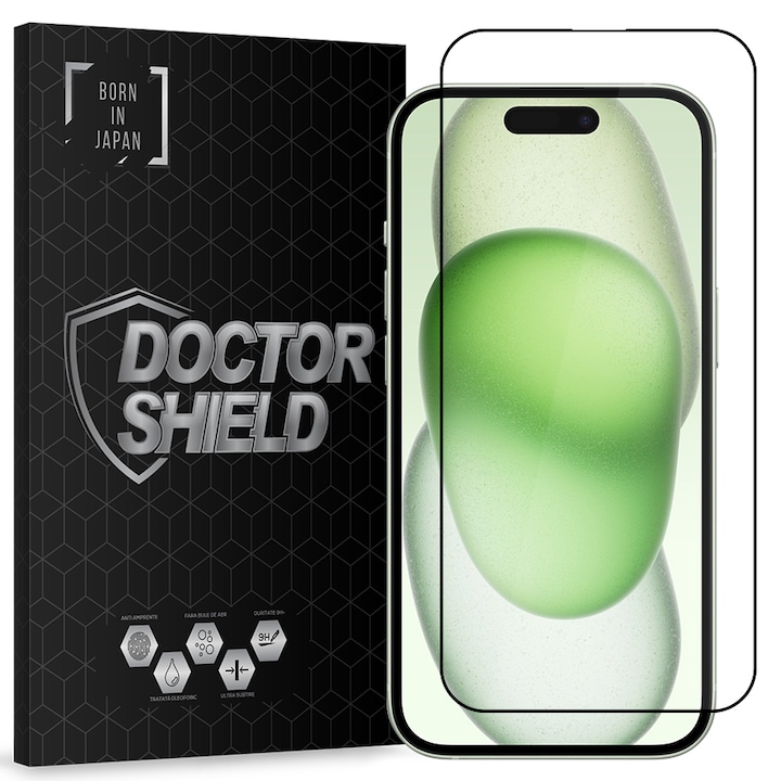 Folie Sticla Dr.Shield, Compatibil Apple iPhone 15, Protectie Profesionala Ecran 3D, Full Cover- Negru