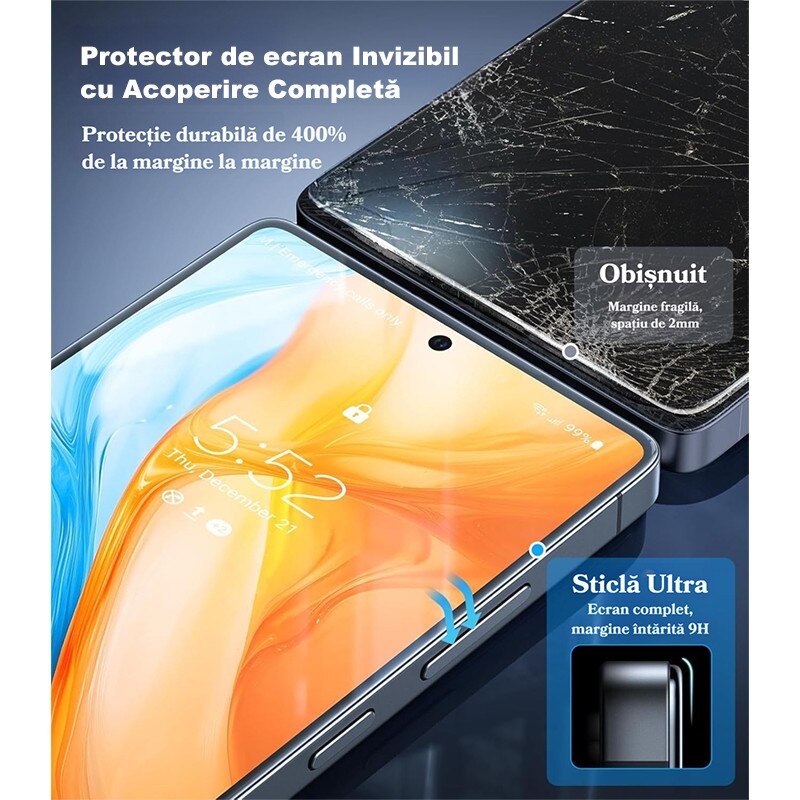 2 Bucati Folie de Protectie Pentru Telefon Mobil, Folie Sticla MOGU® Pentru Samsung S25 Ultra, Protectie Profesionala Ecran 3D, Full Cover, Anti Zgarieturi, Ultra HD, Vine cu un Dispozitiv Simplu de Instalare Pentru o Pozitionare Precisa, Transparenta