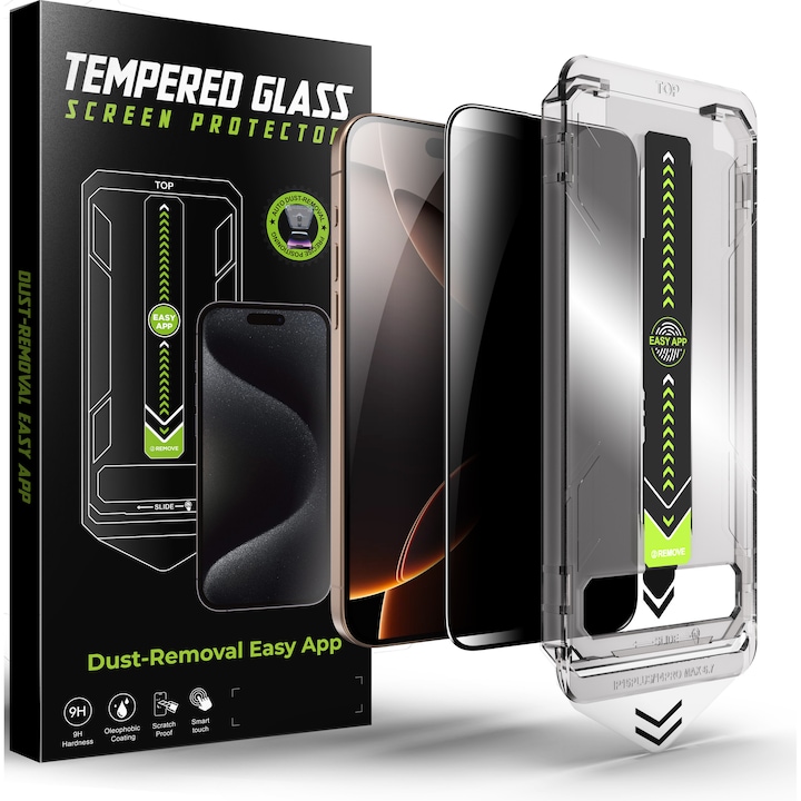 Folie sticla pentru Iphone 16, Iphone 15, Privacy 28 grade Sticla securizata 0.33mm, Anti-Spy, Anti-amprenta cu margini negre 6.1", instalare usoara si rapida cu dispozitiv de potrivire automata in 30 sec cu Easy Install Kit, protectie telefon, RikBo®