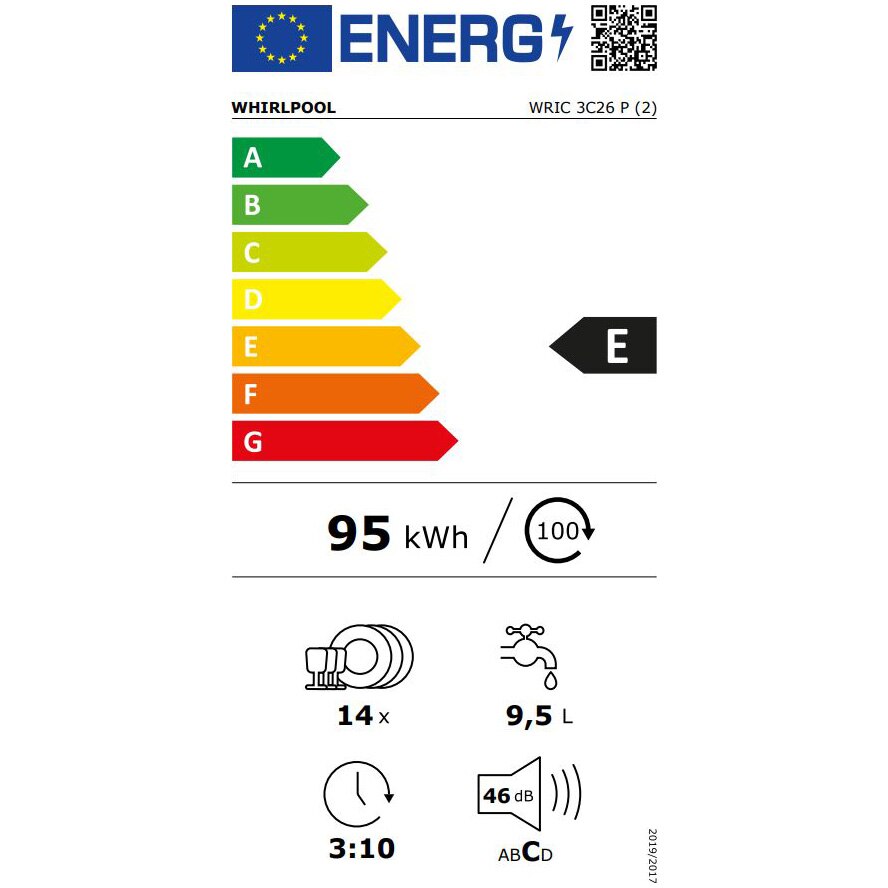 Masina de spalat vase incorporabila Whirlpool WRIC3C26P, 14 seturi, 8 programe, Clasa E, Motor Inverter, PowerClean Pro, Tehnologia al 6-lea Simt,Sistem Natural Dry, 60 cm