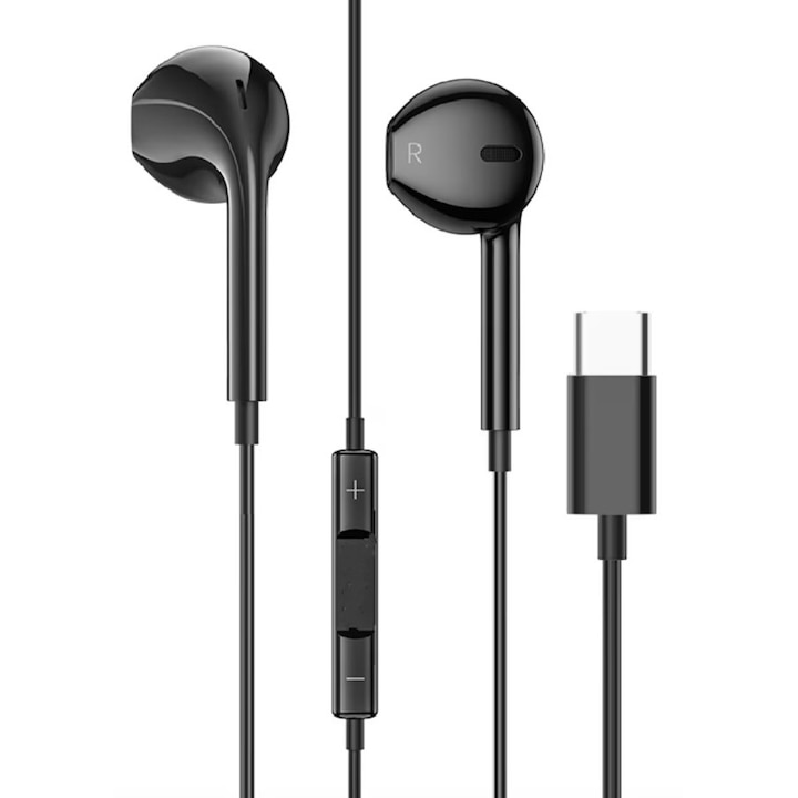 Casti cu Fir, pentru iPhone 16/17, Mufa Type-C, 1.2m, Microfon integrat si Butoane de control, Negru