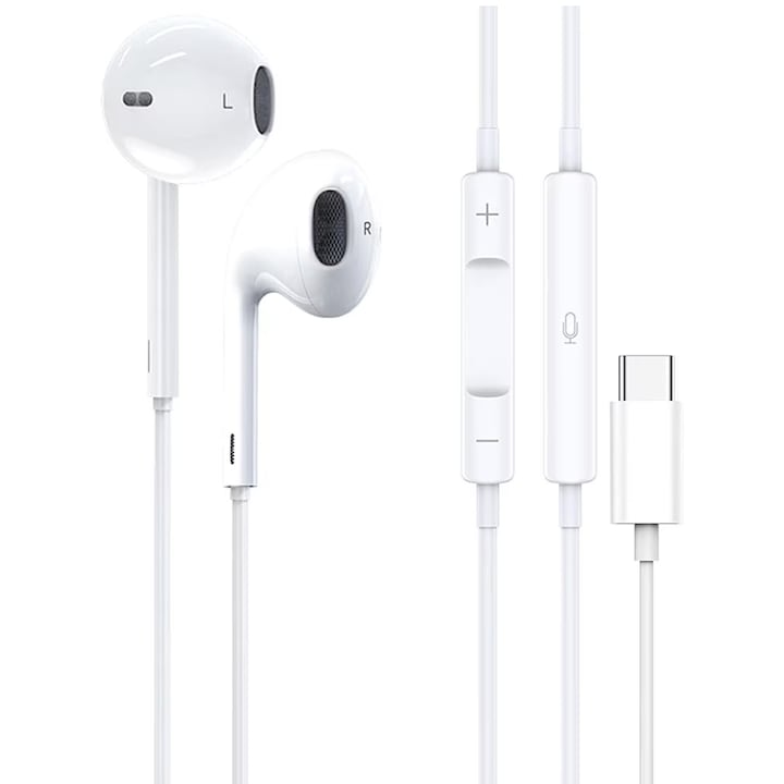 Casti cu Fir, pentru iPhone 16/17, Mufa Type-C, 1.2m, Microfon integrat si Butoane de control, Alb