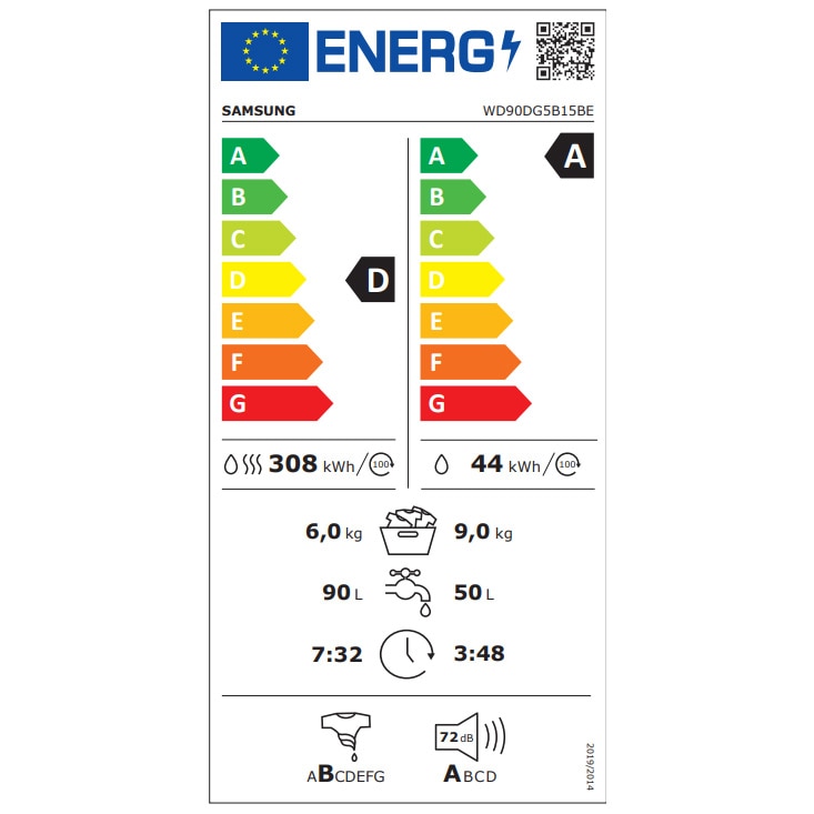 Masina de spalat rufe cu uscator Samsung WD90DG5B15BELE, Spalare 9 kg, Uscare 6 kg, 1400 RPM, Clasa D, AI Ecobubble, WiFi, Alb