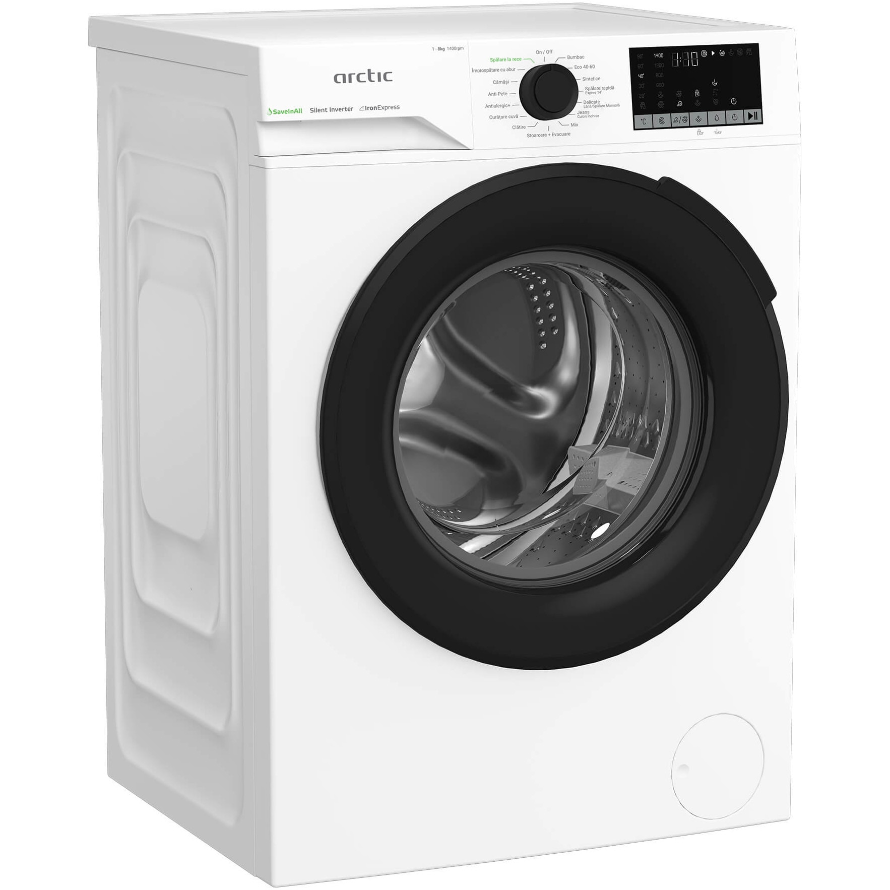 Masina de spalat rufe Arctic APLM2WFSU28411WPB, 8 Kg, 1400 RPM, Clasa A, Motor Silent Inverter, ExtraSteam, IronExpress, Recycled Tub, Fast/Intensive, Steam, WaterMode, Child Lock, Add-In, Alb