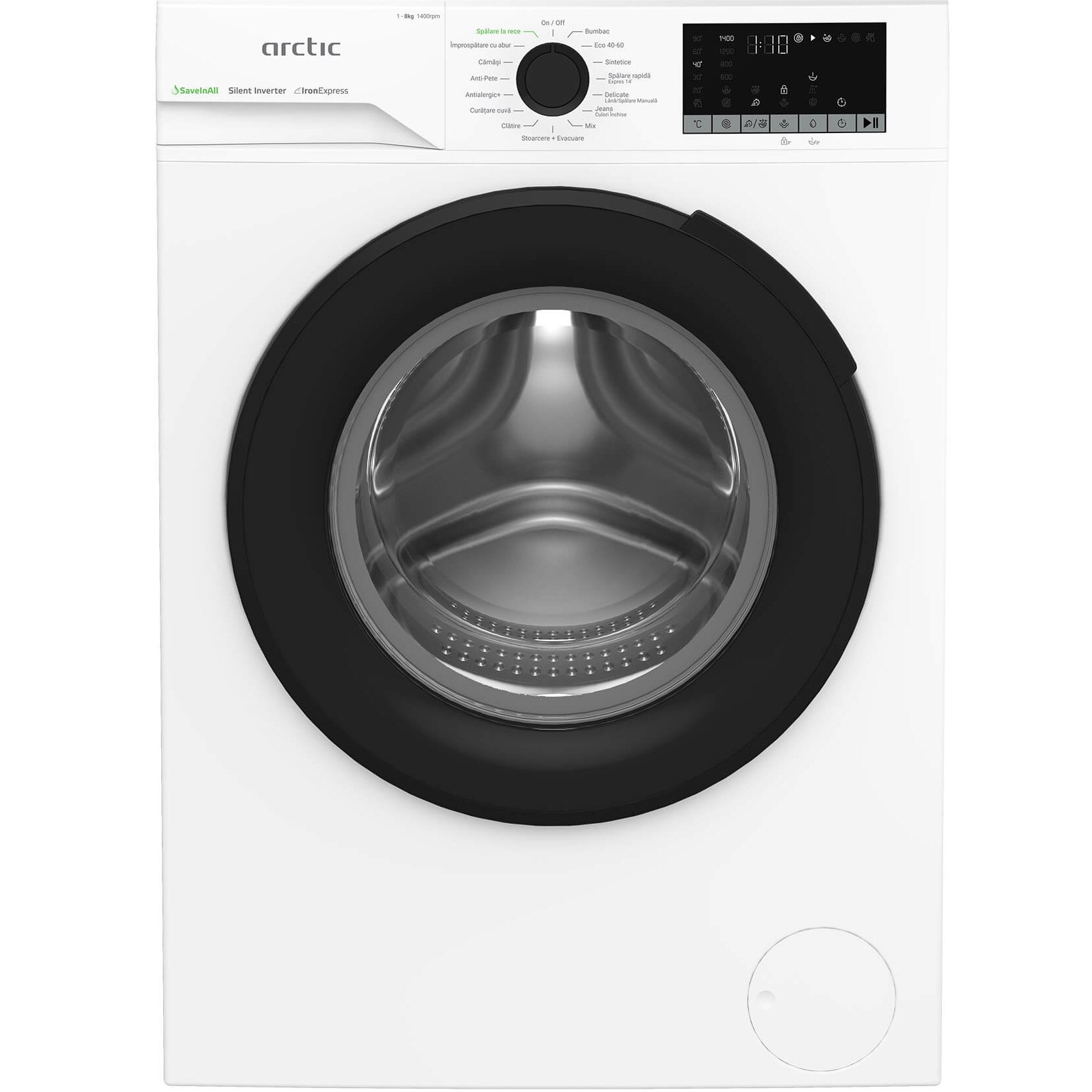 Masina de spalat rufe Arctic APLM2WFSU28411WPB, 8 Kg, 1400 RPM, Clasa A, Motor Silent Inverter, ExtraSteam, IronExpress, Recycled Tub, Fast/Intensive, Steam, WaterMode, Child Lock, Add-In, Alb