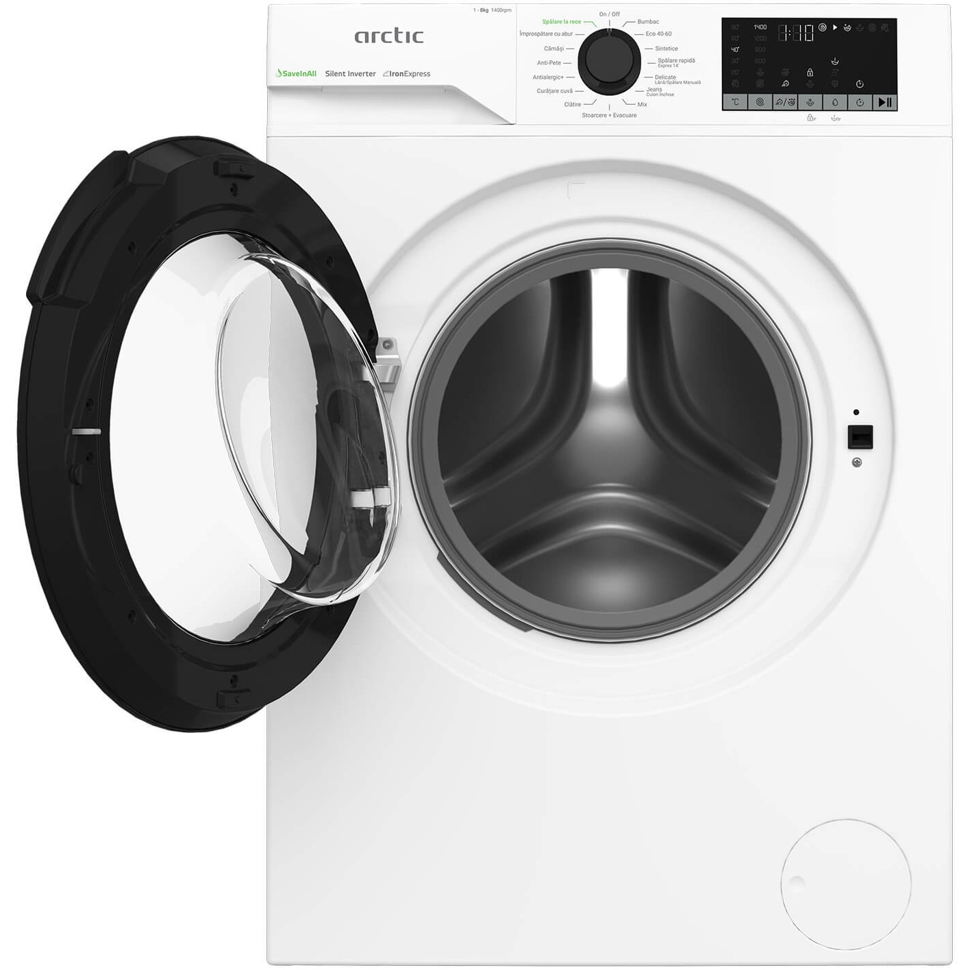 Masina de spalat rufe Arctic APLM2WFSU28411WPB, 8 Kg, 1400 RPM, Clasa A, Motor Silent Inverter, ExtraSteam, IronExpress, Recycled Tub, Fast/Intensive, Steam, WaterMode, Child Lock, Add-In, Alb