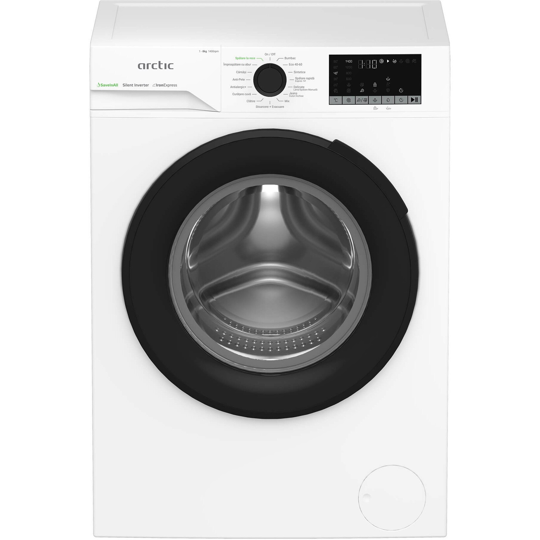 Masina de spalat rufe Arctic APLM2WFSU28411WPB, 8 Kg, 1400 RPM, Clasa A, Motor Silent Inverter, ExtraSteam, IronExpress, Recycled Tub, Fast/Intensive, Steam, WaterMode, Child Lock, Add-In, Alb