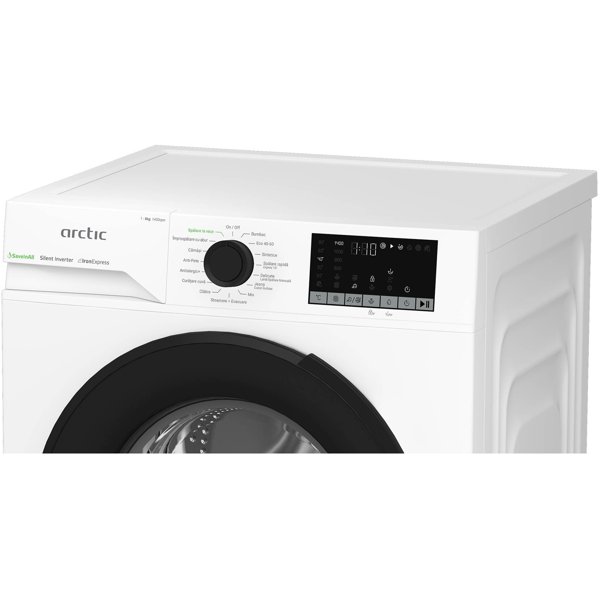 Masina de spalat rufe Arctic APLM2WFSU28411WPB, 8 Kg, 1400 RPM, Clasa A, Motor Silent Inverter, ExtraSteam, IronExpress, Recycled Tub, Fast/Intensive, Steam, WaterMode, Child Lock, Add-In, Alb