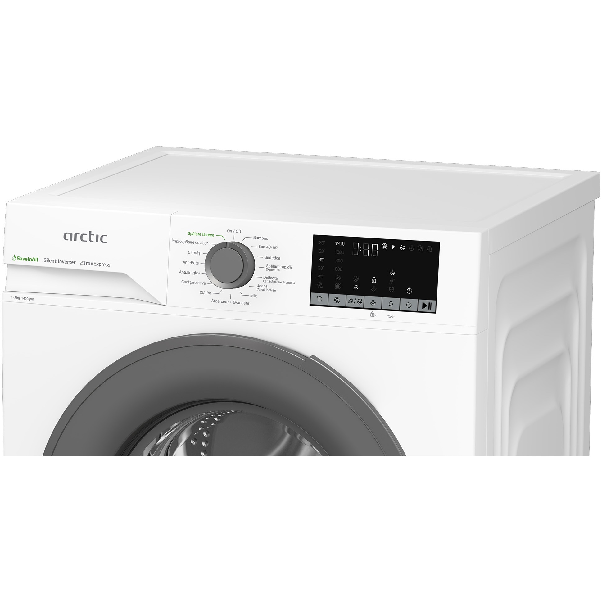 Masina de spalat rufe Arctic APLM2WFSU28411W, 8 Kg, 1400 RPM, Motor Silent Inverter, Drum Clean+Steam, Child Lock, Anticrease, Digital Display, Add-In, Clasa A, Alb