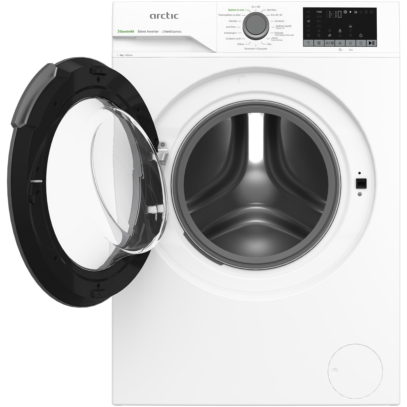 Masina de spalat rufe Arctic APLM2WFSU28411W, 8 Kg, 1400 RPM, Motor Silent Inverter, Drum Clean+Steam, Child Lock, Anticrease, Digital Display, Add-In, Clasa A, Alb