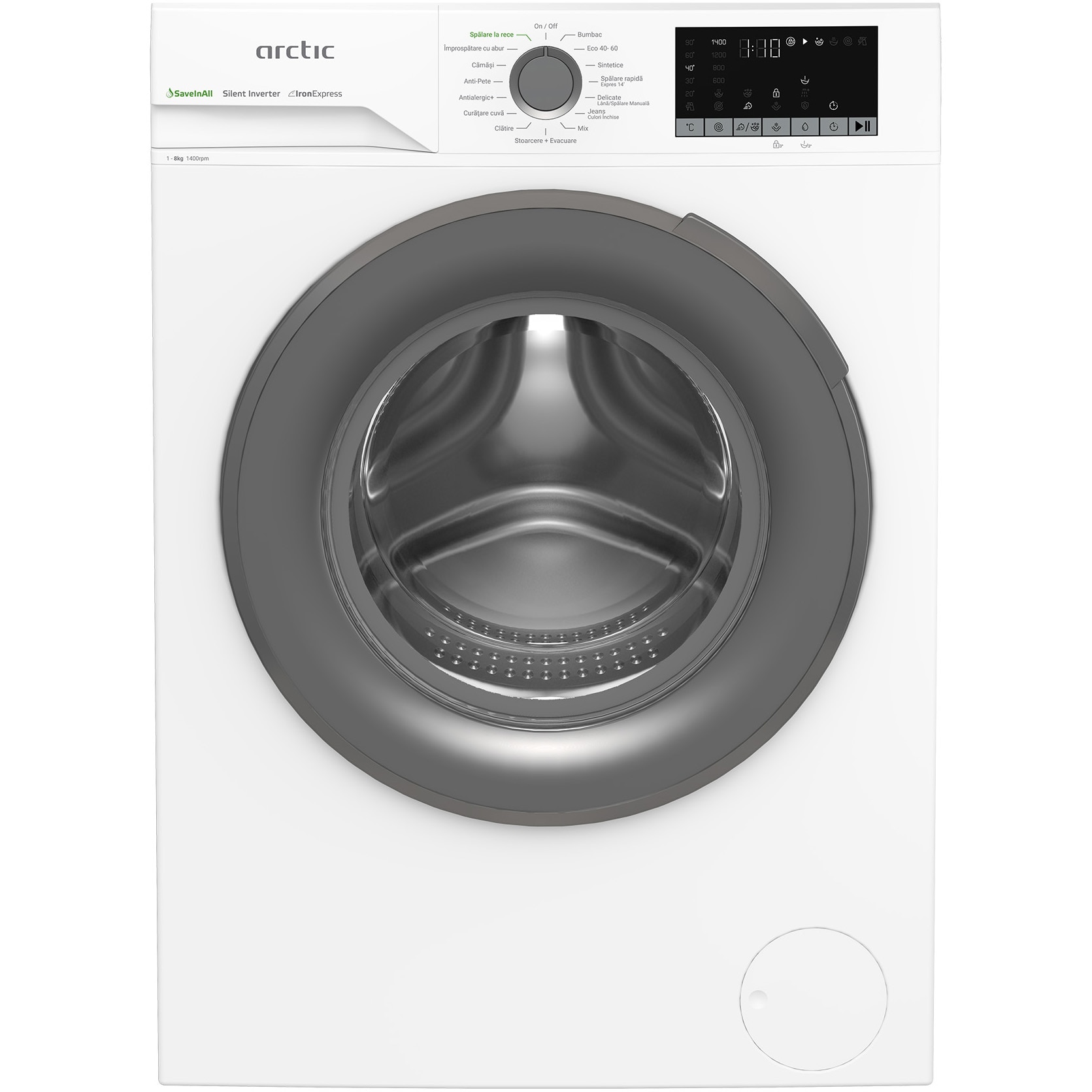 Masina de spalat rufe Arctic APLM2WFSU28411W, 8 Kg, 1400 RPM, Motor Silent Inverter, Drum Clean+Steam, Child Lock, Anticrease, Digital Display, Add-In, Clasa A, Alb