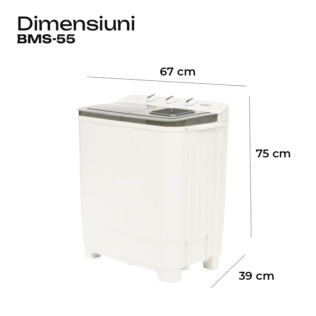 Masina de spalat rufe semiautomata Büntz BMS-55, 5 Kg, Capacitate rufe stoarcere 3Kg, 300 W, Negru