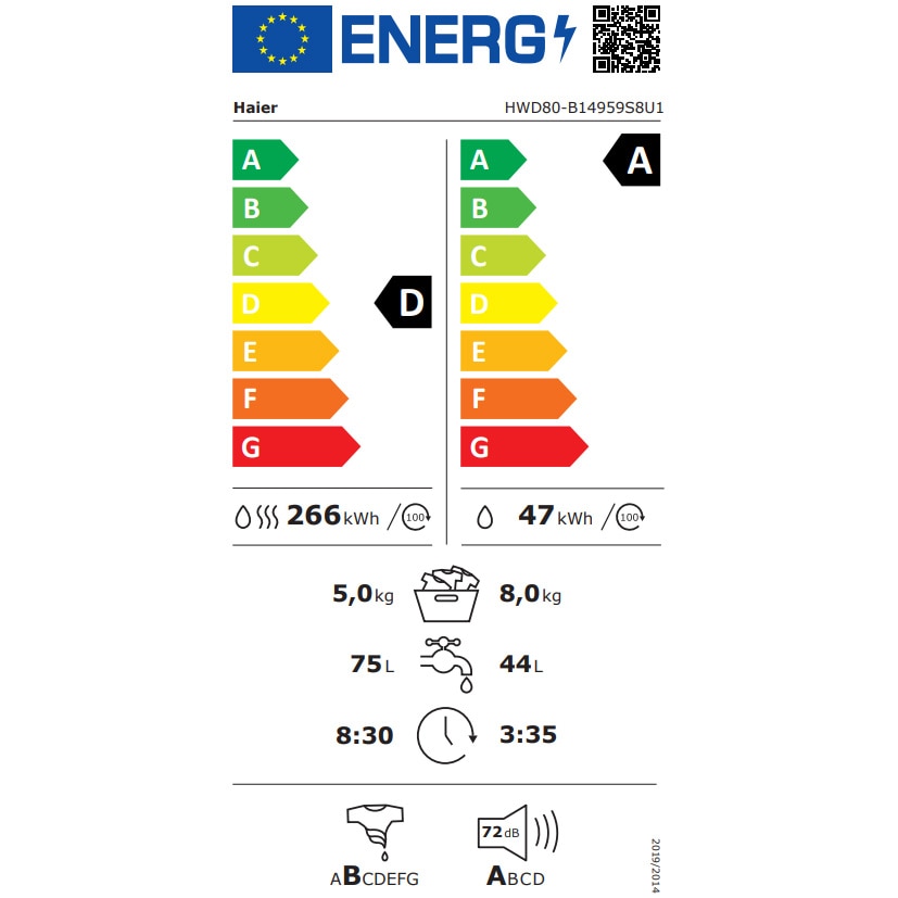 Masina de spalat rufe cu uscator Slim Haier HWD80-B14959S8U1S, 8 kg spalare, 5 kg uscare, 1400 rpm, Clasa A, Motor Direct Motion, Wi-Fi, iRefresh, ABT, Pillow Drum, Dual Spray, Antracit