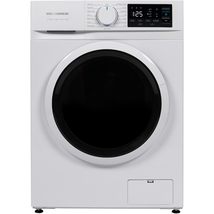 Masina de spalat rufe Heinner HWM-M1014IVNA+++, 10 kg, 1400 rpm, Clasa A, Motor inverter, 15 programe, Display digital, Program rapid 15 min, Program steam, Program baby care, Functie adaugare rufe, Functie igienizare cuva, Blocare acces copii, Alb