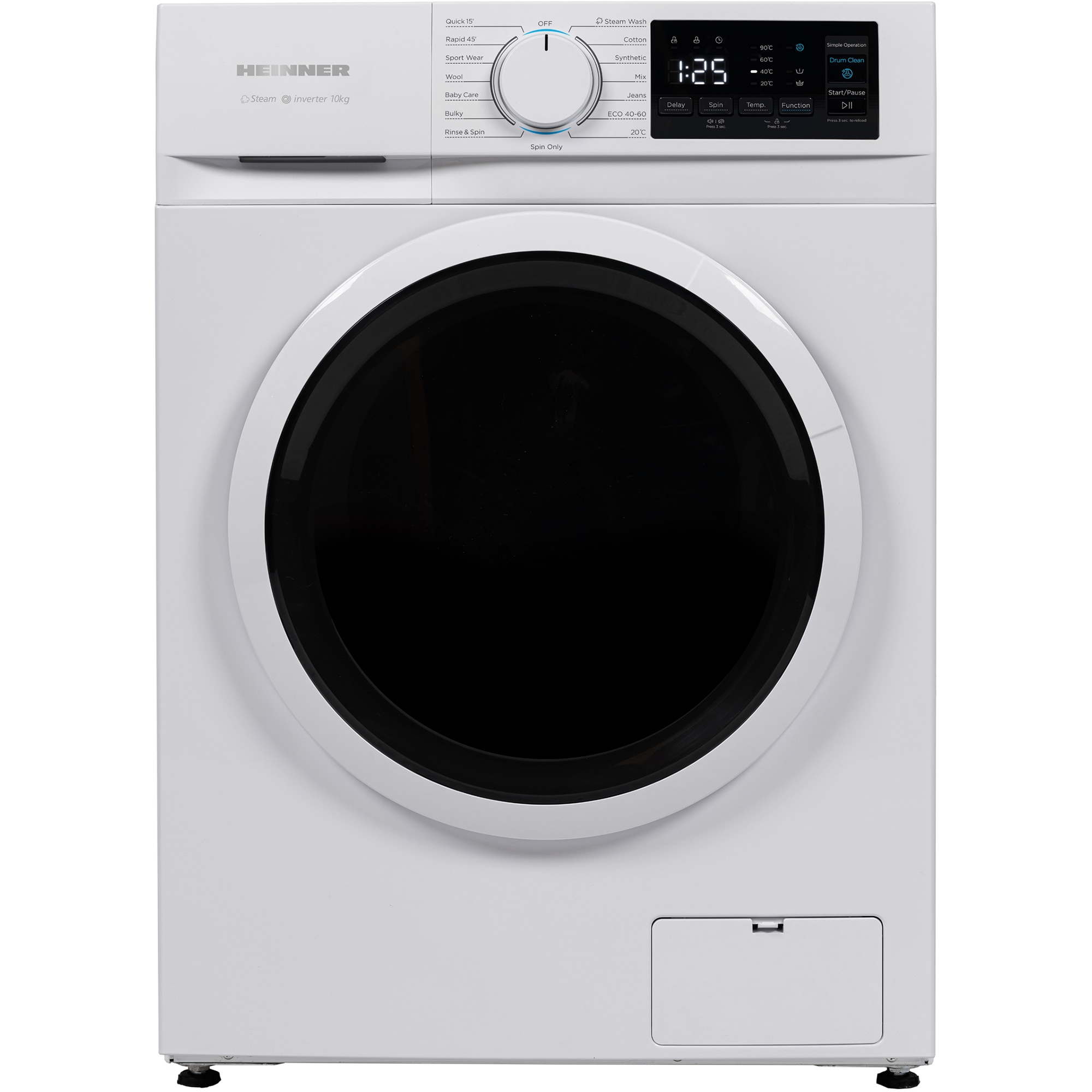 Masina de spalat rufe Heinner HWM-M1014IVNA+++, 10 kg, 1400 rpm, Clasa A, Motor inverter, 15 programe, Display digital, Program rapid 15 min, Program steam, Program baby care, Functie adaugare rufe, Functie igienizare cuva, Blocare acces copii, Alb