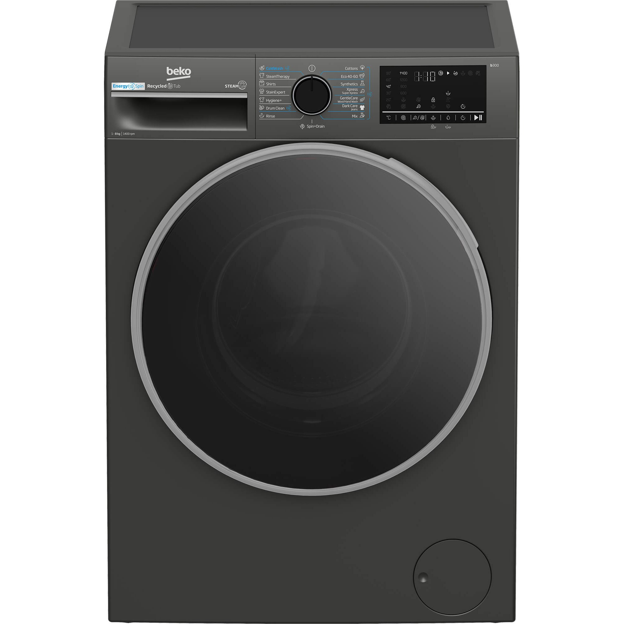 Masina de spalat rufe Beko B3WFU48415MB2ES, 8 kg, 1400 RPM, Clasa A, SteamCure, AddXtra, Motor ProSmart Inverter, AutoClean Detergent Drawer, Antracit