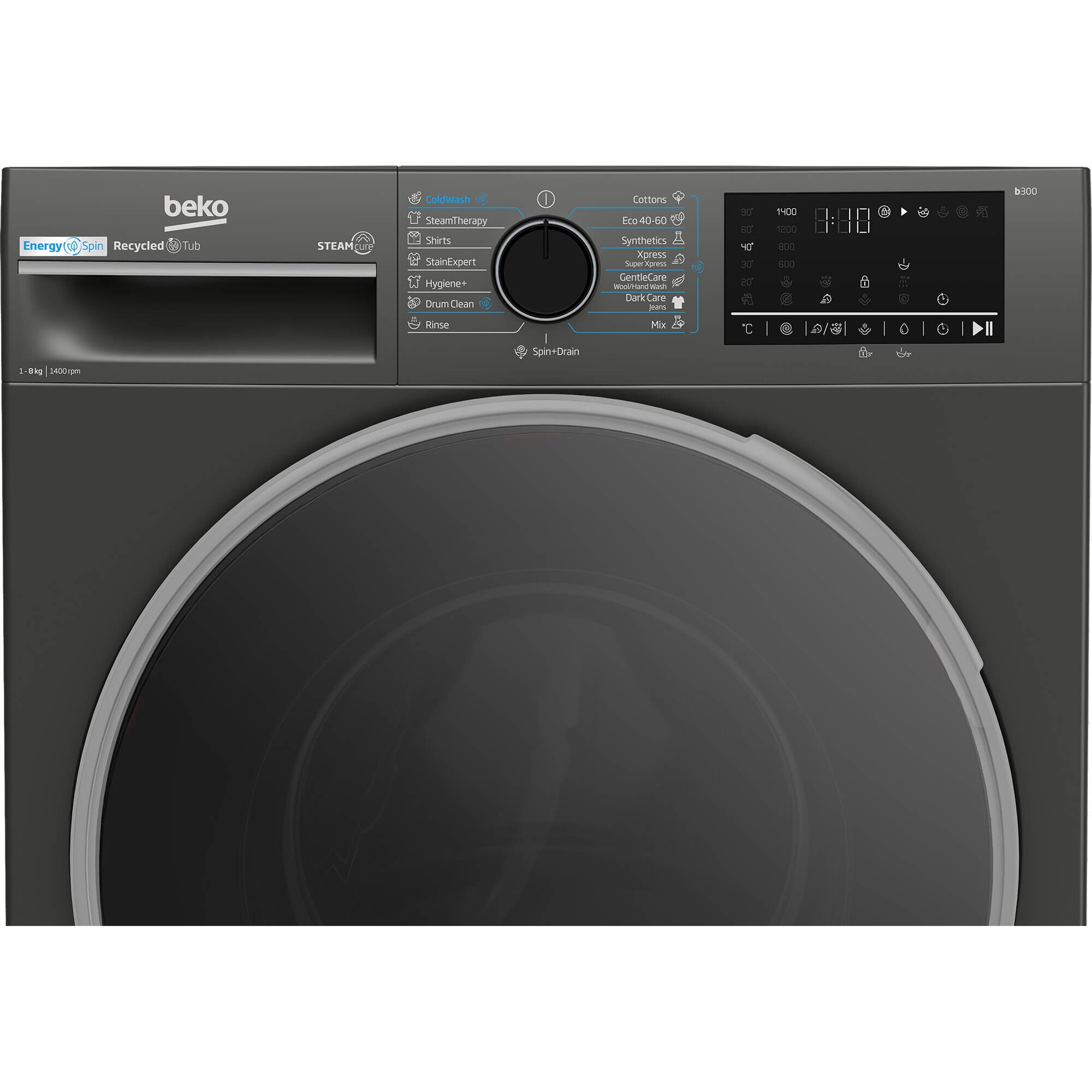 Masina de spalat rufe Beko B3WFU48415MB2ES, 8 kg, 1400 RPM, Clasa A, SteamCure, AddXtra, Motor ProSmart Inverter, AutoClean Detergent Drawer, Antracit