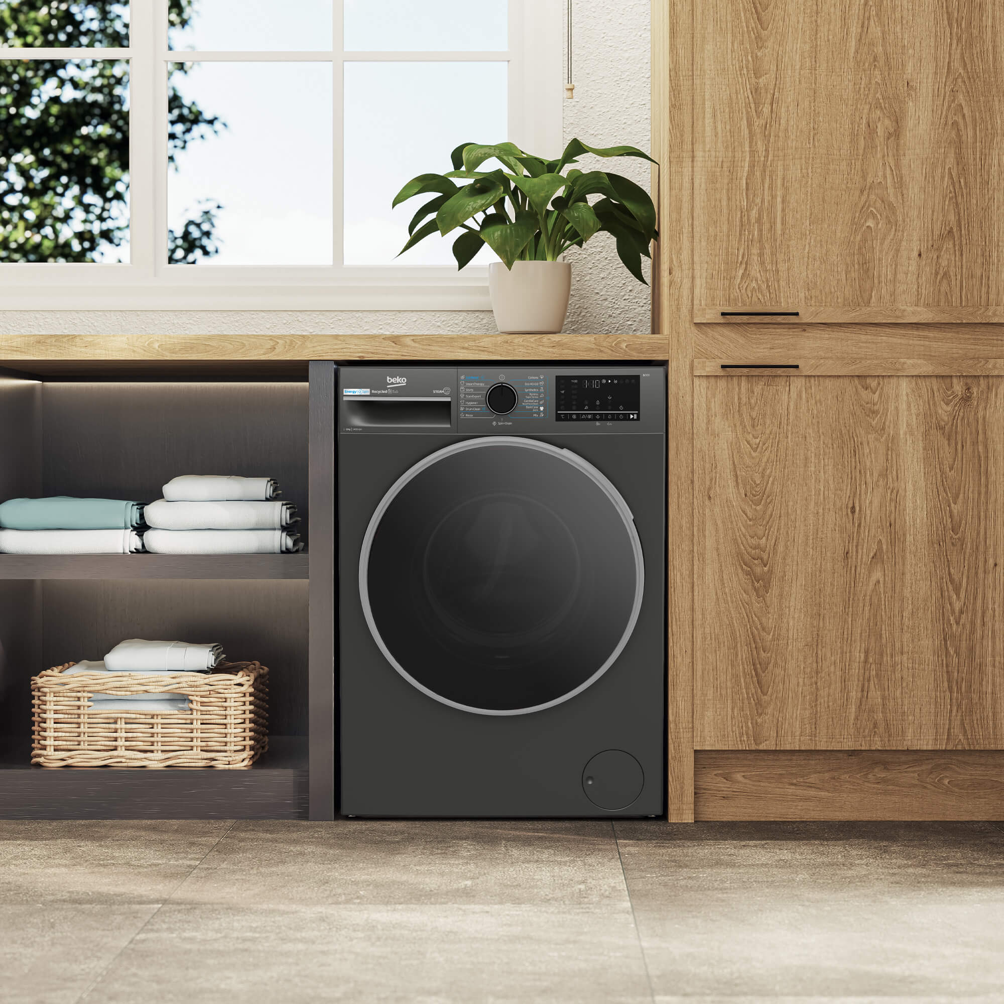 Masina de spalat rufe Beko B3WFU48415MB2ES, 8 kg, 1400 RPM, Clasa A, SteamCure, AddXtra, Motor ProSmart Inverter, AutoClean Detergent Drawer, Antracit