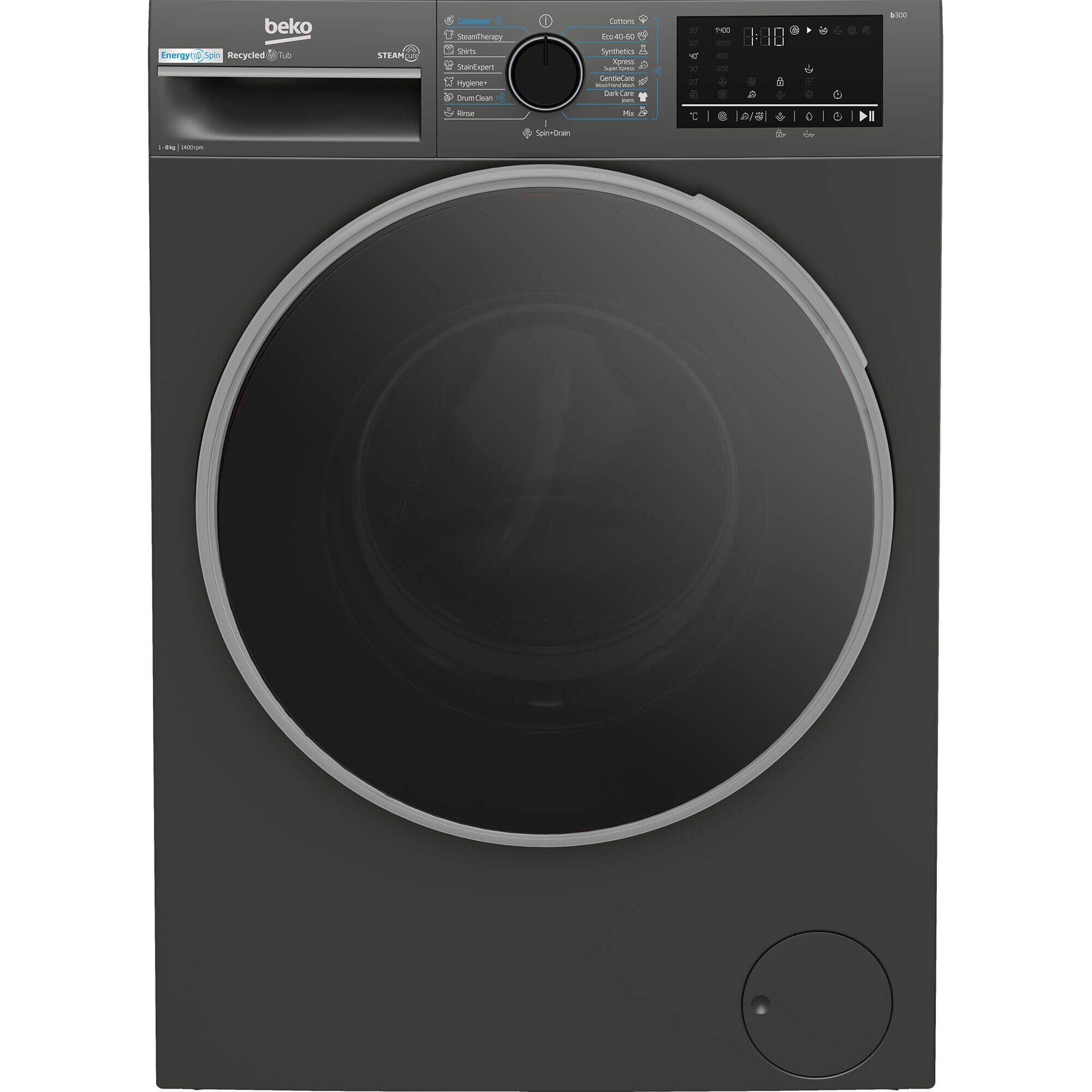 Masina de spalat rufe Beko B3WFU48415MB2ES, 8 kg, 1400 RPM, Clasa A, SteamCure, AddXtra, Motor ProSmart Inverter, AutoClean Detergent Drawer, Antracit