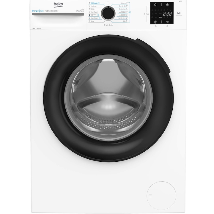 Masina de spalat rufe Beko BM3WFSU38413WB, 8 Kg, 1400 RPM, Clasa A, SteamCure, Recycled Tub, ProSmart Inverter Motor, AddXtra, WaterMode, ColdWash, Alb