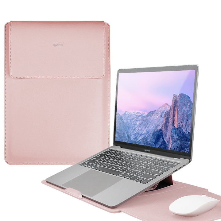 3 in 1 Husa laptop cu foldable stand, NAXSIR, Impermeabil si rezistent la zgarieturi, Velcro, Portabil, Piele PU, 13.3 inch/14 inch, 25 x 34 cm, Roz
