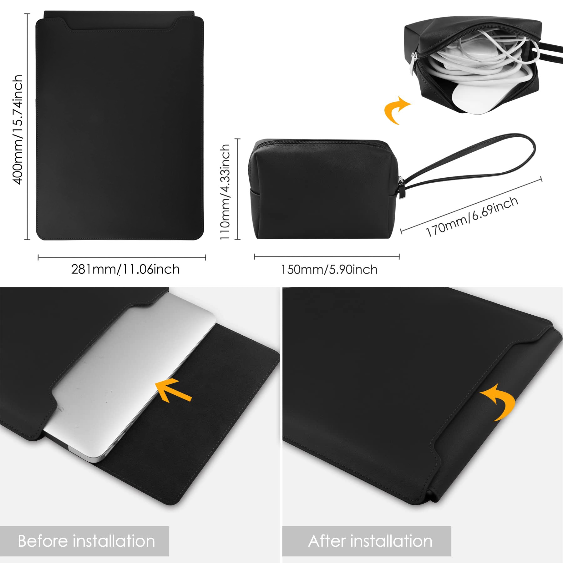 Husa Laptop 15-16 inch, 4 in 1 cu foldable stand, oein®, compatibila cu MacBook Air, MacBook Pro, Piele Ecologica, Marime Universala, 28 x 38 cm, Negru
