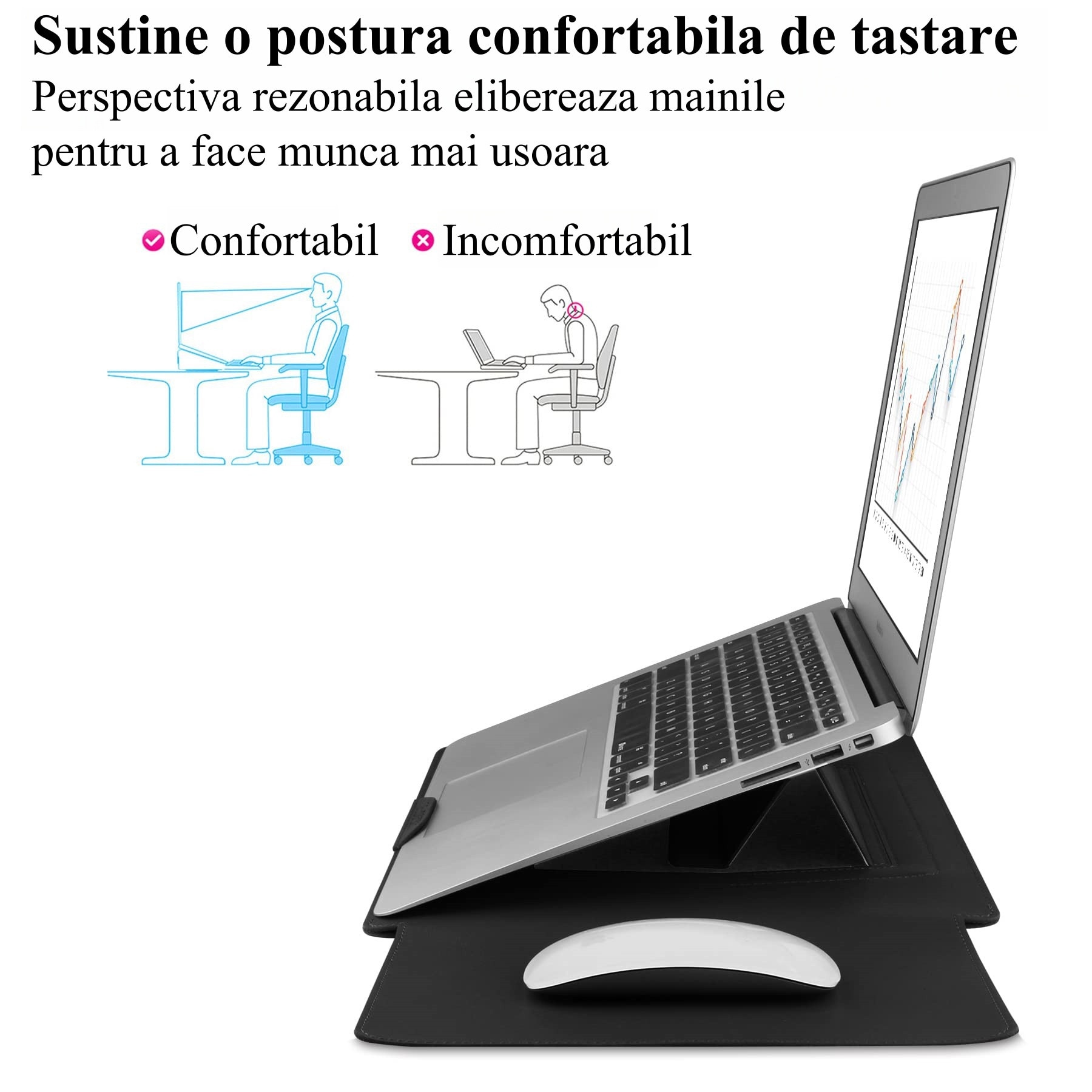 Husa Laptop 15-16 inch, 4 in 1 cu foldable stand, oein®, compatibila cu MacBook Air, MacBook Pro, Piele Ecologica, Marime Universala, 28 x 38 cm, Negru