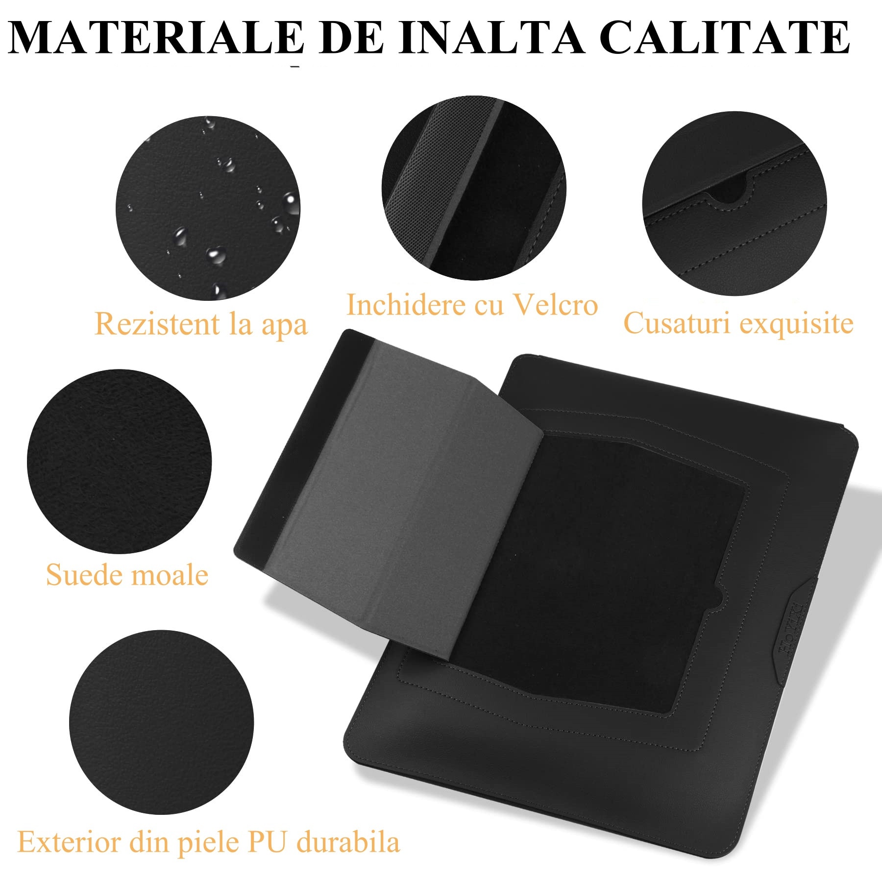 Husa Laptop 15-16 inch, 4 in 1 cu foldable stand, oein®, compatibila cu MacBook Air, MacBook Pro, Piele Ecologica, Marime Universala, 28 x 38 cm, Negru
