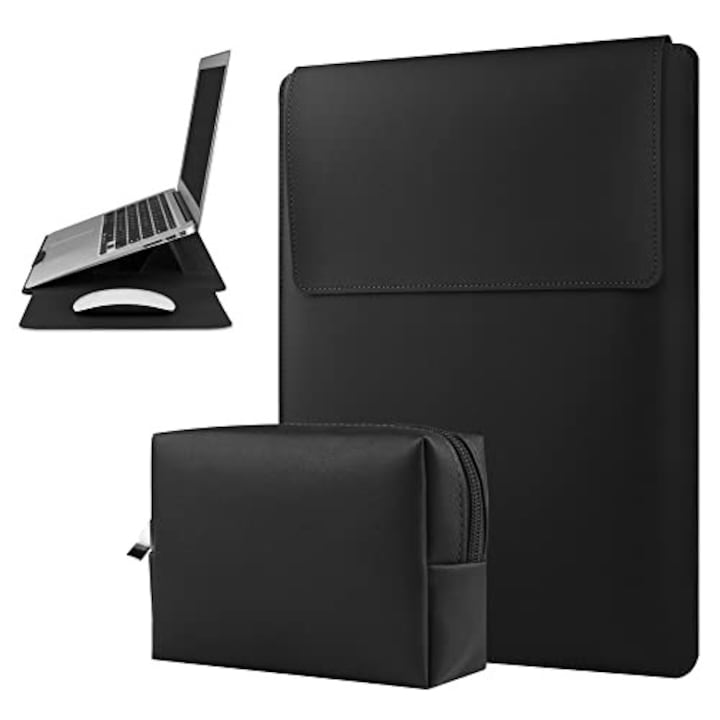 Husa Laptop 15-16 inch, 4 in 1 cu foldable stand, oein®, compatibila cu MacBook Air, MacBook Pro, Piele Ecologica, Marime Universala, 28 x 38 cm, Negru