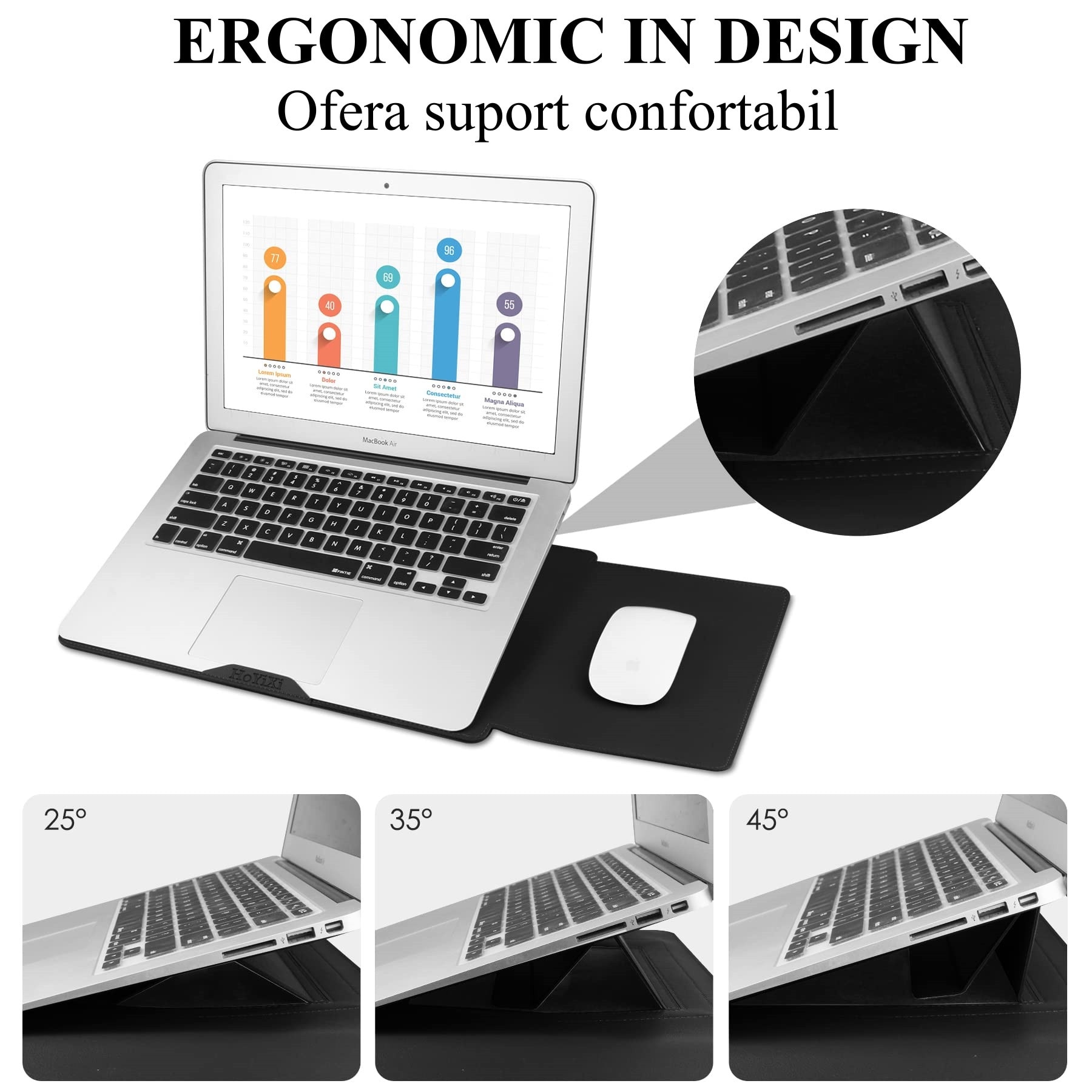 Husa Laptop 15-16 inch, 4 in 1 cu foldable stand, oein®, compatibila cu MacBook Air, MacBook Pro, Piele Ecologica, Marime Universala, 28 x 38 cm, Negru