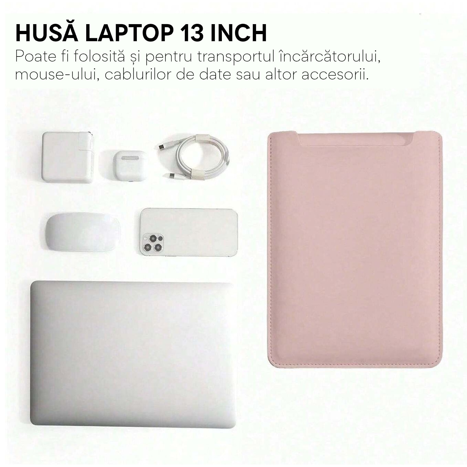 Husa pentru MacBook Pro/Air sau Laptop 13 Sleeve din piele PU premium cu mouse-pad inclus, rezistenta la apa, roz