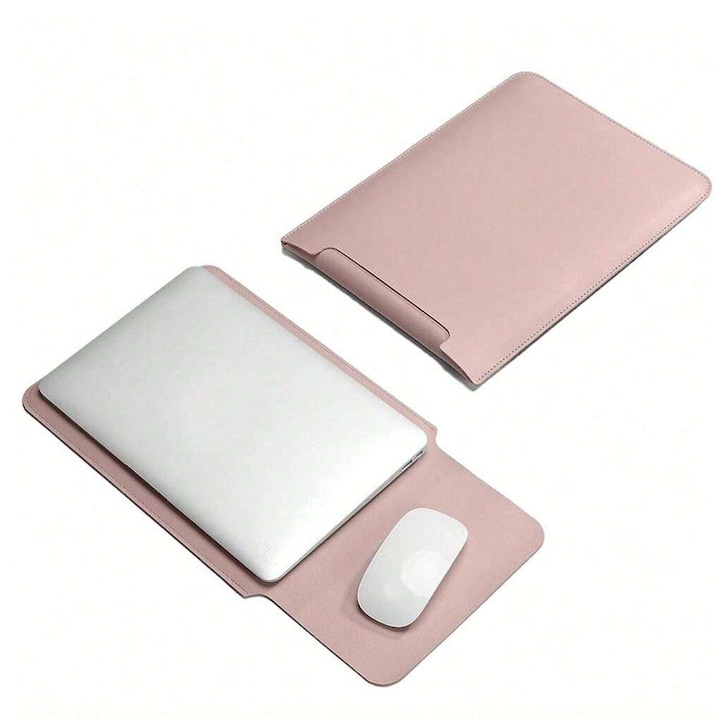 Husa pentru MacBook Pro/Air sau Laptop 13 Sleeve din piele PU premium cu mouse-pad inclus, rezistenta la apa, roz