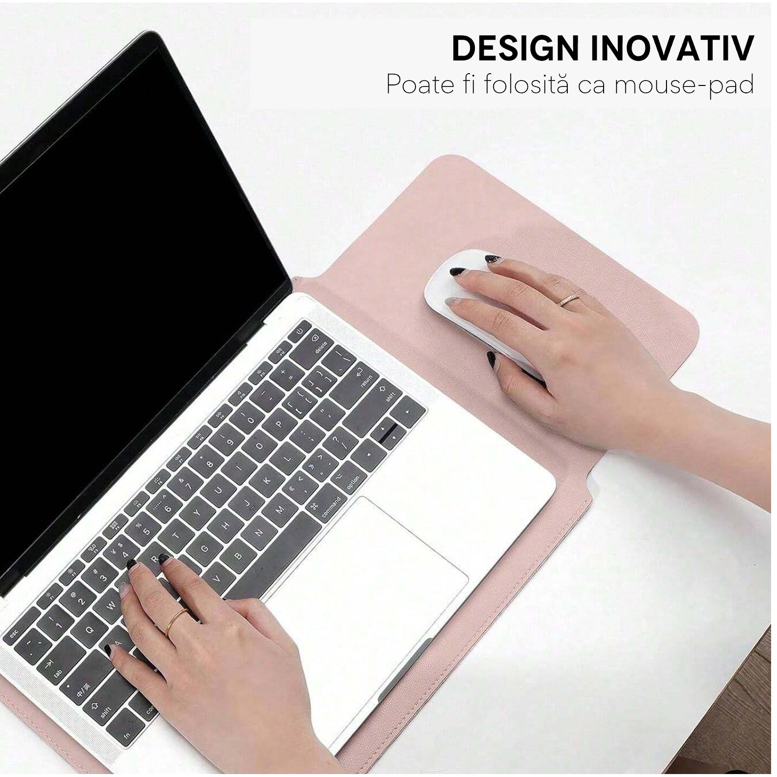 Husa pentru MacBook Pro/Air sau Laptop 13 Sleeve din piele PU premium cu mouse-pad inclus, rezistenta la apa, roz