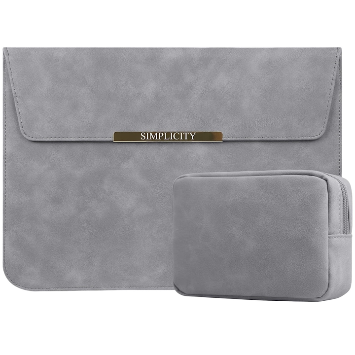 Husa Laptop 13-14 inch, Nasture magnetic, compatibila cu MacBook Air, MacBook Pro, Piele PU, Marime Universala, 25 x 34 cm, Gri inchis