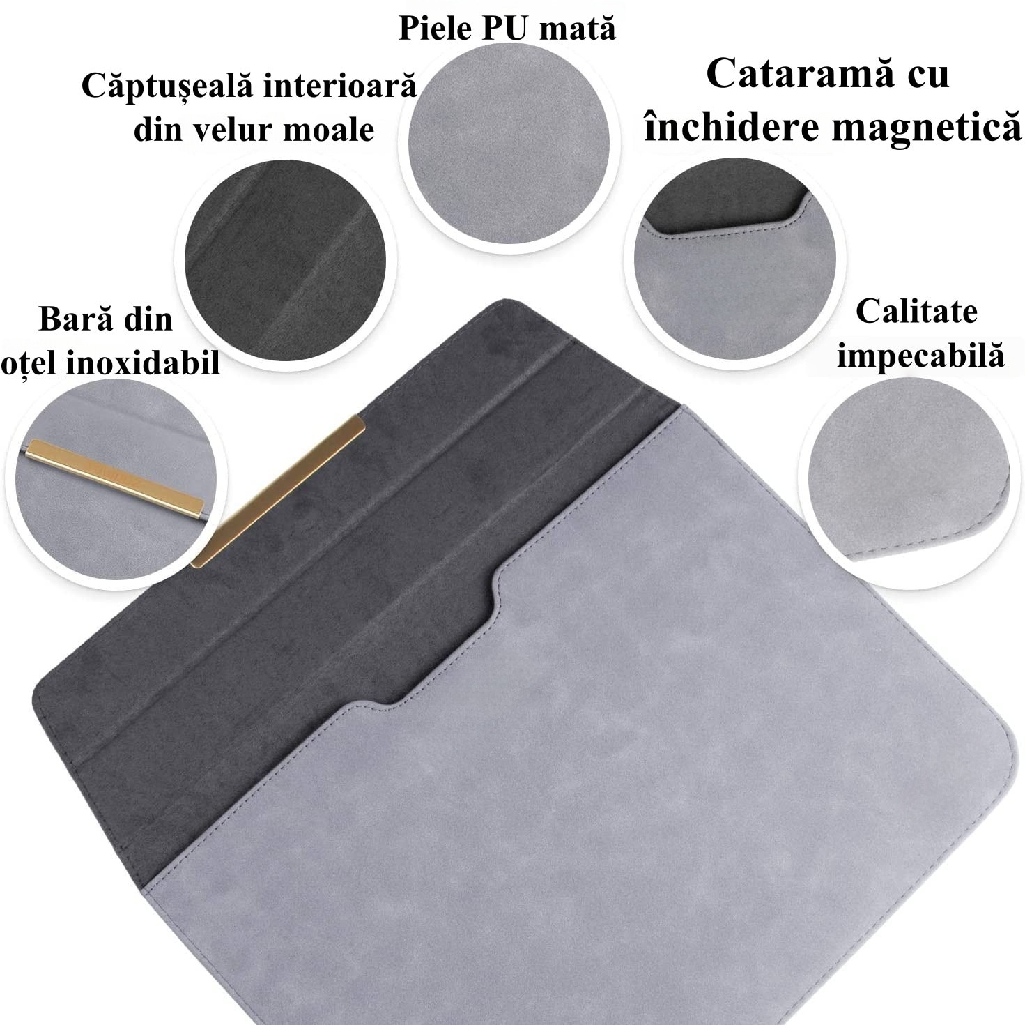 Husa Laptop 13-14 inch, Nasture magnetic, compatibila cu MacBook Air, MacBook Pro, Piele PU, Marime Universala, 25 x 34 cm, Gri inchis