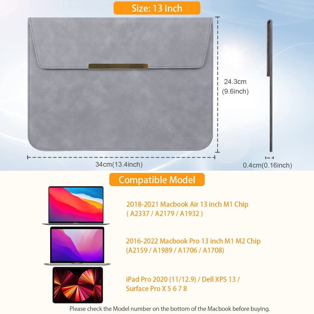 Husa Laptop 13-14 inch, Nasture magnetic, compatibila cu MacBook Air, MacBook Pro, Piele PU, Marime Universala, 25 x 34 cm, Gri inchis