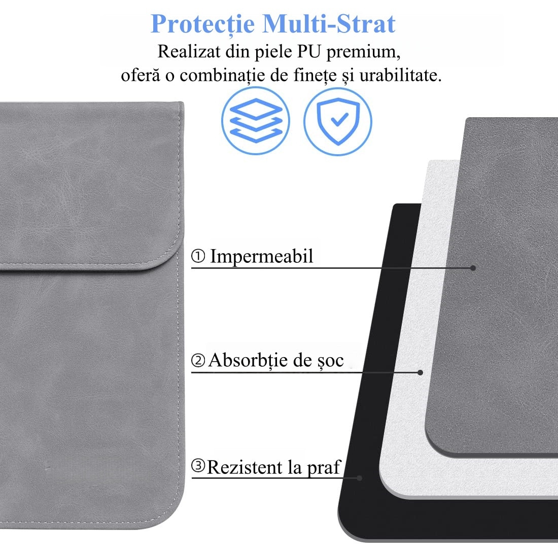 Husa Laptop 13-14 inch, Nasture magnetic, compatibila cu MacBook Air, MacBook Pro, Piele PU, Marime Universala, 25 x 34 cm, Gri inchis