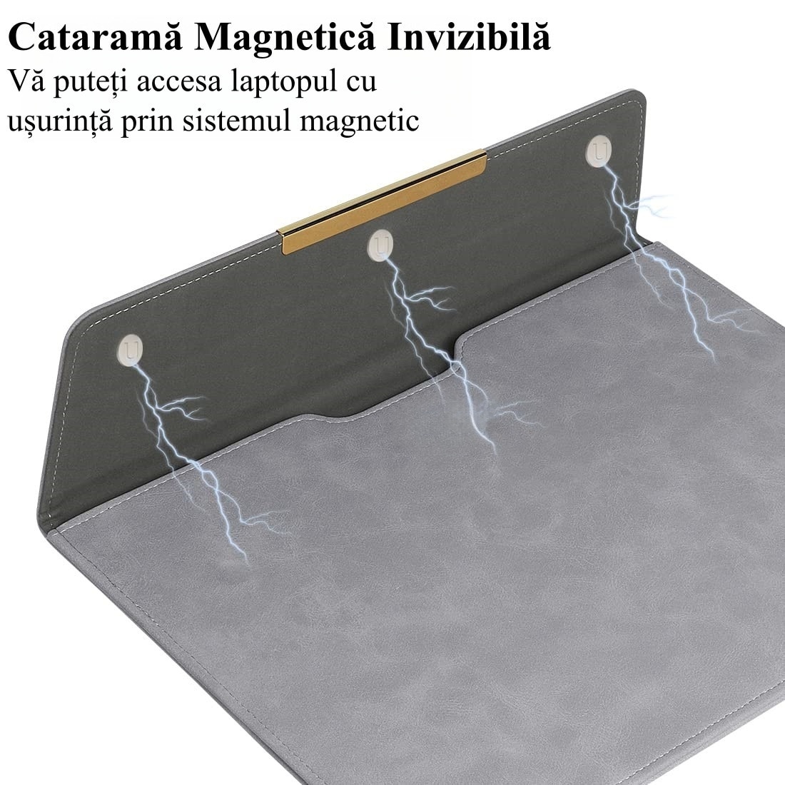 Husa Laptop 13-14 inch, Nasture magnetic, compatibila cu MacBook Air, MacBook Pro, Piele PU, Marime Universala, 25 x 34 cm, Gri inchis