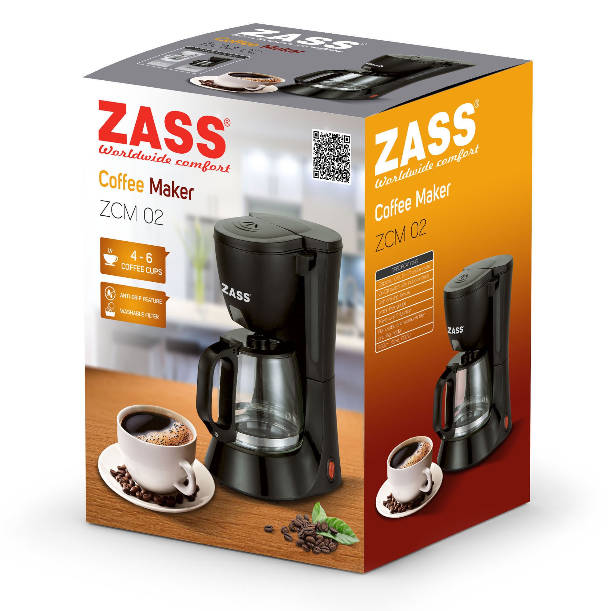 Cafetiera Zass ZCM 02, Putere 600W, Rezervor 0,6L, 4-6 cesti, sistem anti-picurare, plita.Negru