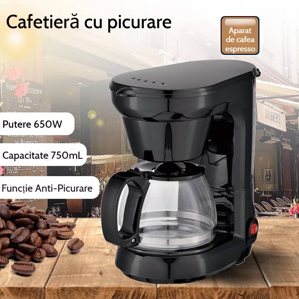 Cafetiera cu carafa din borosilicata 750ml, filtru reutilizabil, sistem anti-picurare, neagra, 17x24x25cm